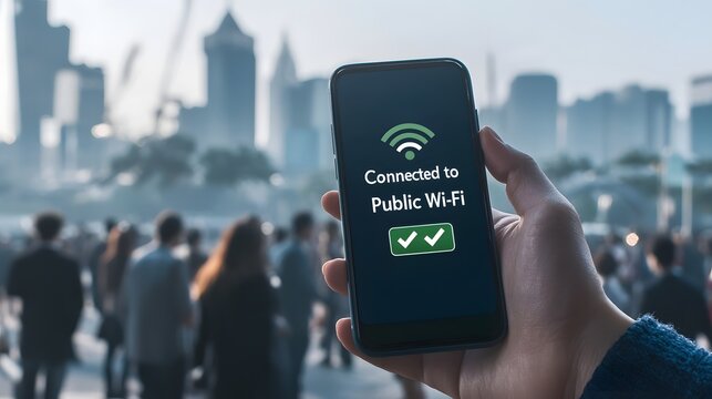 Person Holding Phone Displaying Connected to Public Wi-Fi in Urban Setting with Cityscape Background