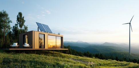 Obraz premium Tiny homes powered by solar and wind energy in a sustainable community, showcasing eco-friendly living solutions.
