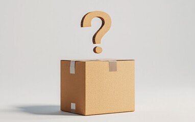 3D rendering of a cardboard box with a question mark icon floating above it on a white background. Concept for surprise, mystery, and curiosity. 