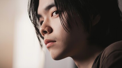 Fototapeta premium Young Person with Long Hair in Thoughtful Profile Close-Up