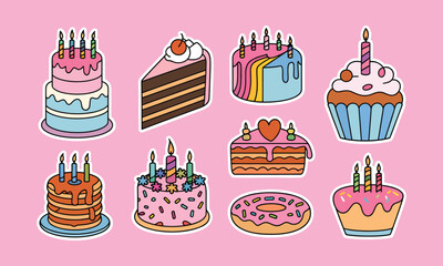 Explore Colorful Birthday Cakes and Desserts - Festive and Fun Illustrations