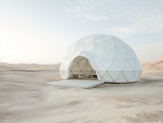 White geodesic dome tent in desert, nomadic landscape