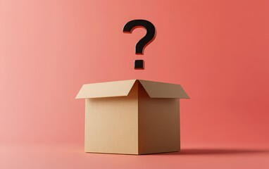3D rendering of a cardboard box with a question mark icon floating above it on a light pastel pink background. 