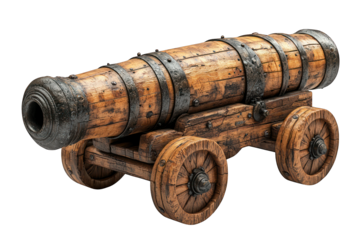 A wooden cannon mounted on wheels, historically used for warfare and artillery.