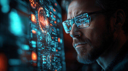 Cybersecurity Expert Analyzing Data on Futuristic Screen