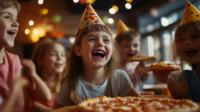 Joyful children laughing and enjoying pizza during a lively birthday party