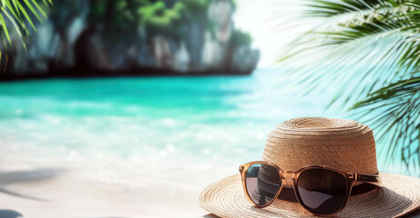 Un chapeau de paille et des lunettes de soleil sur une plage paradisiaque, mer bleu en arrière-plan, concept de vacances et de voyage.