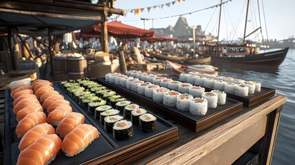 Fresh Sushi Served from a Food Truck in a Busy Harbor Market During a Sunny Day