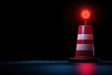 A red traffic cone with a bright warning light, set against a dark background, symbolizing caution and safety in various environments.