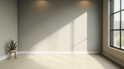 Fototapeta premium Bright empty room with sunlight streaming through the window in a modern apartment