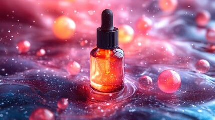 Glimmering Dropper Bottle Surrounded by Colorful Bubbles in Liquid