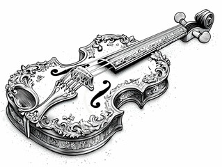 Obraz premium Ornate Violin Illustration Showcases Intricate Floral Designs in Black and White
