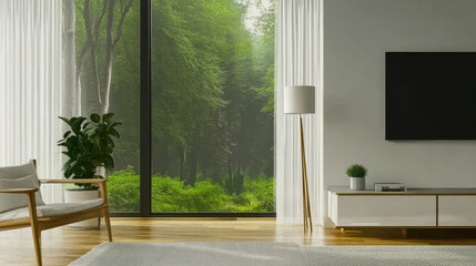 Modern living room with large windows showcasing a lush green forest view