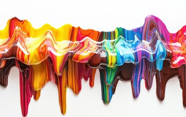 Shiny, dripping chocolate wave with mixed rainbow colors, glossy finish, isolated on bright white