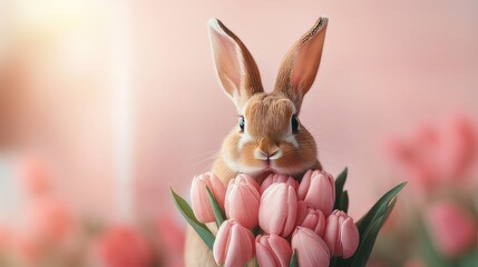 Fototapeta premium Cute rabbit with pink tulips against soft blurred background