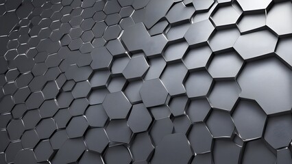 Abstract 3D rendering of a dark gray, metallic hexagonal pattern with a slightly irregular surface.