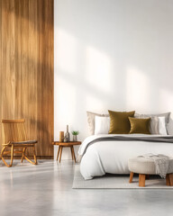 Fototapeta premium Modern bedroom design featuring neutral colors and natural materials with stylish accents
