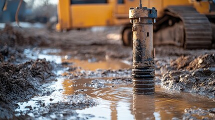 Muddy construction pump in a puddle of water. Illustrates water removal during construction.