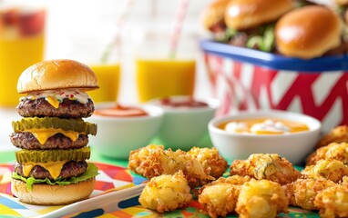 Super Bowl appetizer mockup with mini burgers, fried pickles, and spicy dipping sauces, displayed on a bright and fun background