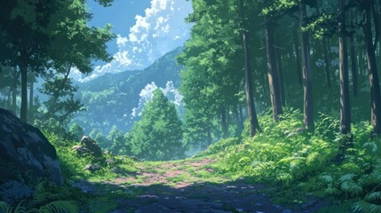 Fototapeta premium Sunlit forest path leading to mountains. Background Lush greenery, idyllic scene. Use Background, illustration