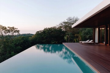 Infinity pool overlooking tropical forest at sunset in luxury resort