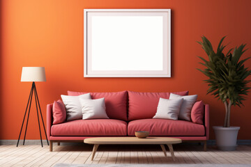 Modern Living Room Mockup: A minimalist yet inviting living room setting, featuring a plush pink sofa against a vibrant orange wall. A framed canvas, a floor lamp.