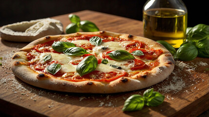 Thin-crust pizza with fresh tomato sauce, mozzarella, and basil, served on a wooden board with olive oil and Parmesan