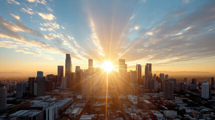 Fototapeta premium stunning city skyline at sunset with rays of light shining through
