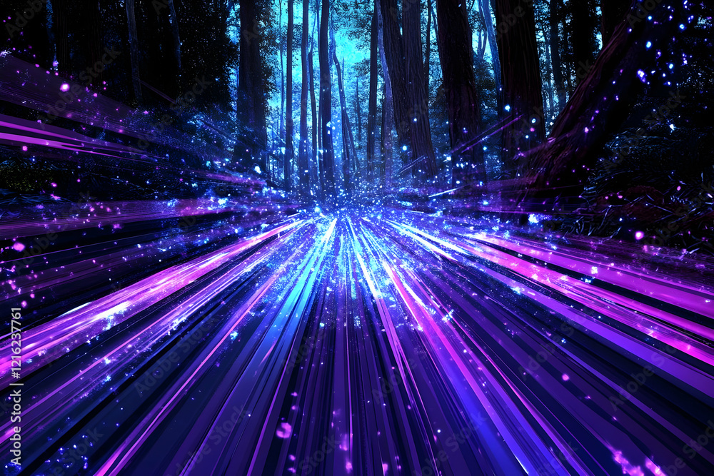 Wall mural Abstract Background with Purple and Blue Light Rays in a Forest Setting