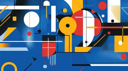 Obraz premium Abstract geometric art; vibrant shapes, dynamic composition; blue background; design element for website or print