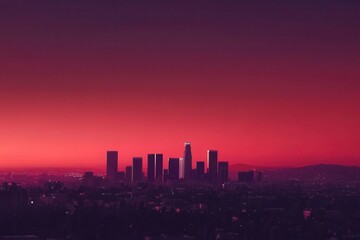 Fototapeta premium City Skyline Gradient: A cityscape at dusk with buildings in silhouette against a sky transitioning from fiery red to deep purple