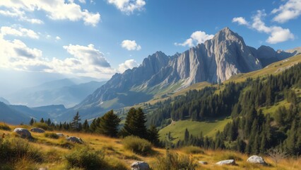 Fototapeta premium Majestic Mountain Landscape with Alpine Meadow under Blue Sky