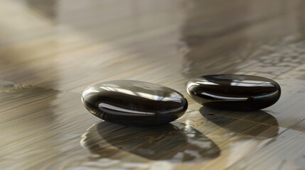 Close-up of two magnetic stones attracting each other on a smooth wooden surface, symbolizing connection and attraction, in a minimalist and natural style.
