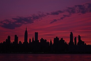 Obraz premium City Skyline Gradient: A cityscape at dusk with buildings in silhouette against a sky transitioning from fiery red to deep purple