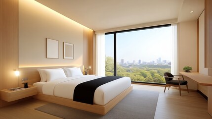 Modern Hotel Room with City View.
