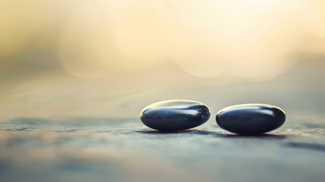 Close-up of two magnetic stones attracting each other on a smooth wooden surface, symbolizing connection and attraction, in a minimalist and natural style.
