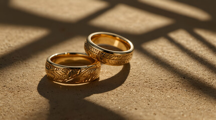 gold rings standing palm shadow jewelry product photography sunshine warmth tropical sun flatlay,genrative.ai