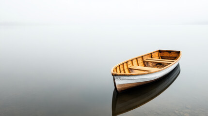 Obraz premium small wooden boat drifts silently on foggy lake, creating eerie atmosphere