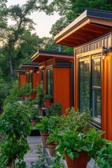 A vibrant eco community of tiny homes surrounded by lush greenery and sustainable living practices.