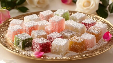 A platter of assorted Turkish delight cubes dusted with powdered sugar and garnished with rose petals