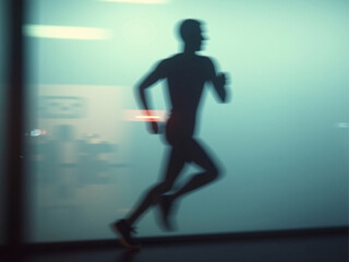 A silhouette of a runner in motion against a blurred, teal-colored background