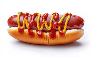 A creative hot dog with an American football instead of a sausage, covered in ketchup and mustard, isolated on bright white background