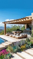 Obraz premium Modern Desert Poolside Patio With Wooden Pergola