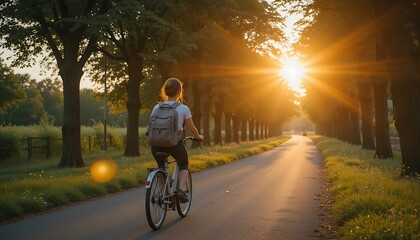 Young woman cyclist rides bicycle on a sunny road lined with trees during golden hour sunset, enjoying nature and freedom.