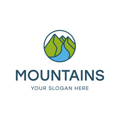 Mountains River Captured in A Circle Logo Design. Nature Vector Template with Flat Style
