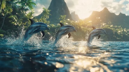 Fototapeta premium Three dolphins leap joyfully from the sparkling ocean waters near a tropical island, with lush greenery and majestic mountains in the background during a vibrant sunset