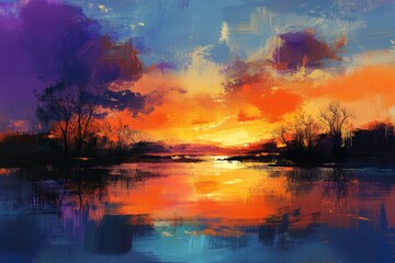 Sunset over a tranquil lake with vibrant orange and purple skies, reflecting natureâ€™s beauty in a serene landscape for relaxation and inspiration. Scenic artwork.