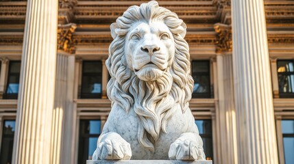 Marble lion sculpture in front a grand neoclassical building