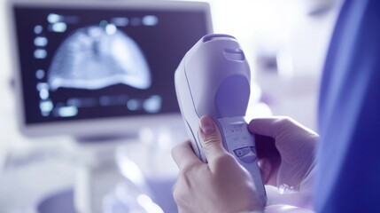 A close-up of a healthcare provider using a handheld ultrasound device on a patient with a clean, bright examination room background, Clinical style