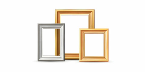 Three Empty Picture Frames Stand Elegantly, Showcasing Silver and Gold Finishes on a White Background